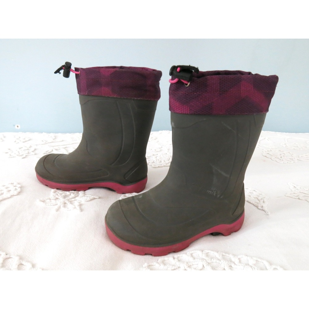 Kamik Kids 12 Waterproof Rubber Rain Snow Boots Grey Pink Plaid Insulated Lined